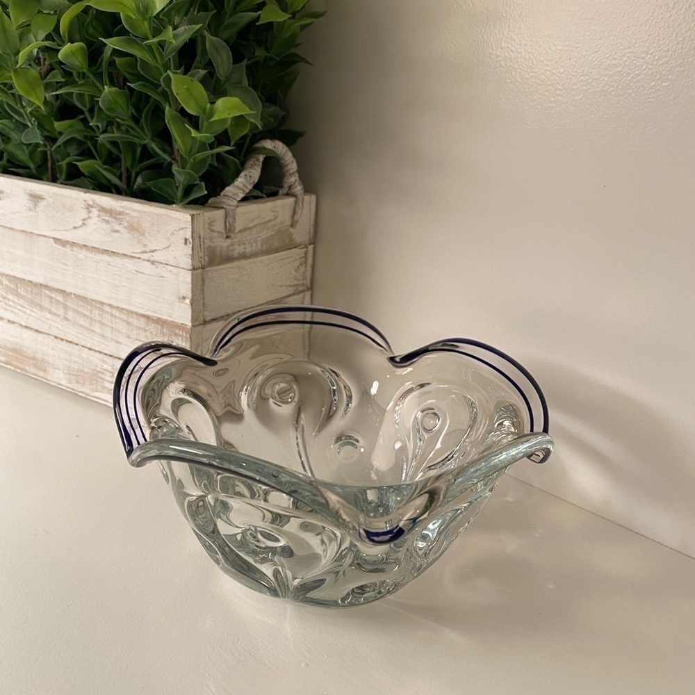 1990s Lillian Vernon Crystal Candy Bowl With Cobalt And Ruffle Edge Vintage